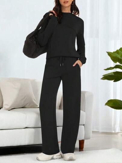 Casly Lamiit Women's 2 Piece Lounge Comfort Set - Boat Neck Sweater & Airy Wide Leg Pants Autumn Travel Casual Clothing