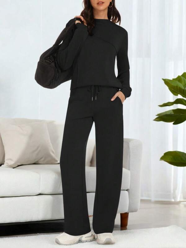 Casly Lamiit Conjunto de dos piezas para mujer: suéter de cuello barco y pantalones anchos y vaporosos, ropa informal de viaje para otoño.