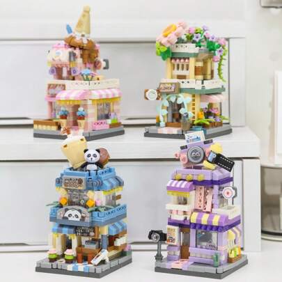 商业街系列积木套装，装饰，成人积木套装，城市街景商店积木，迷你DIY积木模型MOC建筑玩具，包括冰淇淋店，咖啡厅，影楼，花店，汉堡店，炸鸡店，珍珠奶茶店，蛋糕店，DIY创意家居装饰摆件房间装饰玩具，DIY益智玩具，复活节，生日，圣诞节礼物