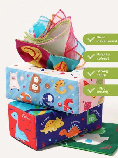 Baby Taschentuchbox Spielzeug mit hochkontrastreichen schwarz-weißen Tiermotiven, Neugeborenen Handübungsspielzeug, reißfestes weiches Stoffbuch mit raschelndem Papier und bunter Seide, Frühpädagogische Montessori Ziehbox Spielzeug