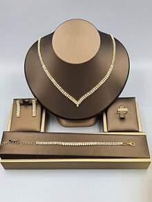 1 套女士时尚珠宝套装，锆石 + 新款方晶锆石项链、耳环、手链、戒指 4 件钻石配饰适合日常佩戴 - 金色 - 查看 1