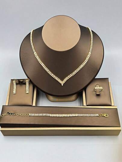 1 Set Fashion Jewelry Set For Women, Zirconia + New Cubic Zirconia Necklace, Earrings, Bracelet, Ring 4pcs Diamond Accessories Suitable For Daily Wear