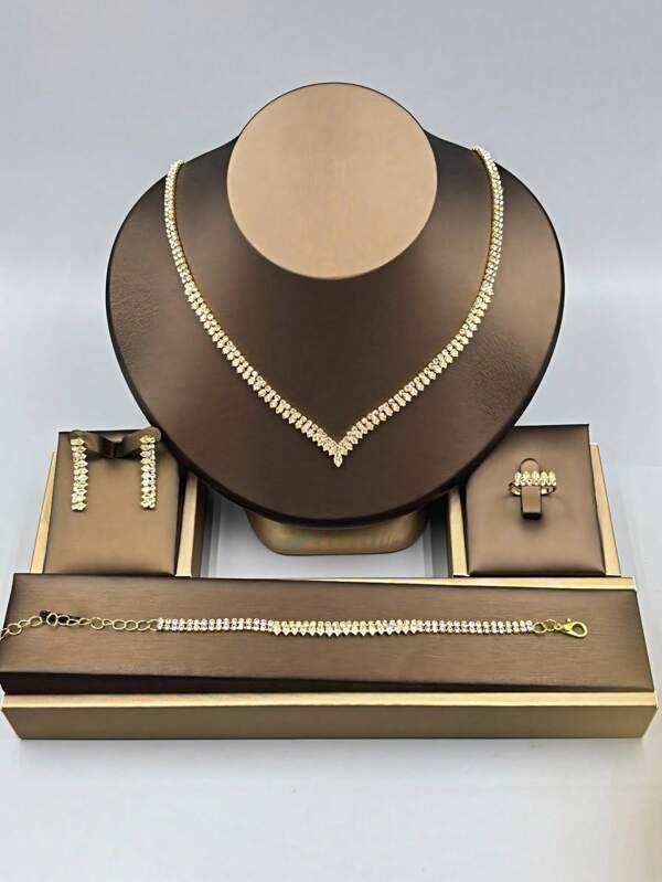 1 Set Fashion Jewelry Set For Women, Zirconia + New Cubic Zirconia Necklace, Earrings, Bracelet, Ring 4pcs Diamond Accessories Suitable For Daily Wear