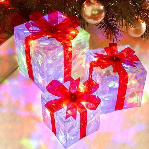 3 piezas Caja de regalo de Navidad, Decoración de árbol de Navidad, Regalos de Navidad, Decoración de fiesta festiva, Decoración de ventana de chimenea, Sin luces, Decoración para escenas, Decoración navideña, Decoración de habitación, Decoración de oficina, Decoración de fiesta temática, Decoración navideña (Sin batería incorporada)