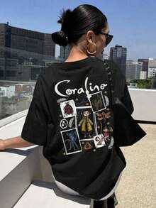 Women's Summer Cartoon And Slogan Graphic Round Neck Short Sleeved T Shirt ,Casual Loose And Versatile Holiday Style Tops,Fashionable Summer Outfits Suitable For Daily Holiday Wear,Halloween Costumes Women,Shalloween Atmosphere,Halloween Caroline And Ghost Graphic-White And Navy Off-The-Shoulder Cropped Top - màu đen - Xem 1