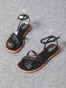 2025 Women's Summer Ankle Strap Fashionable Color Block Flat Sandals, Suitable For Spring, Summer, Easter Holiday, Casual, Beach, Mother's Day Gift, New Arrival Metal Buckle Casual Roman Flat Sandals - Black - View 9