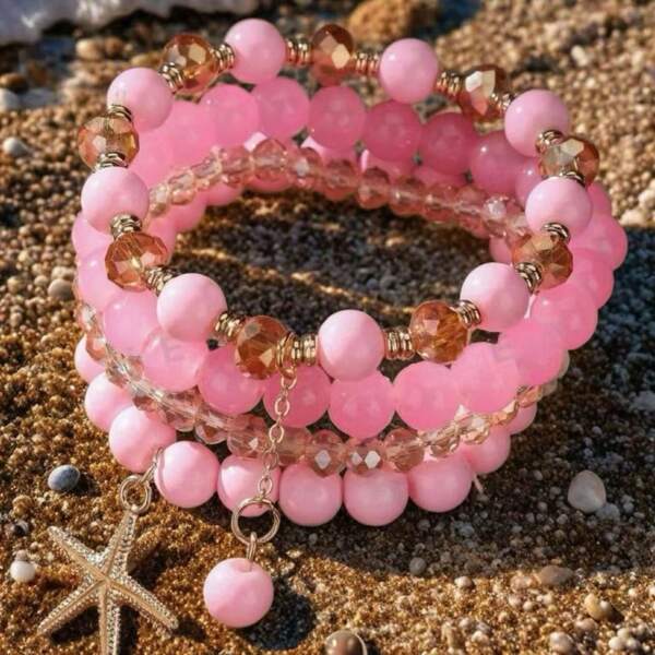 Set de 4 piezas de pulsera asimétrica de estilo bohemio con cuentas de varios niveles y colgante de estrella de mar de estilo playa oceánica