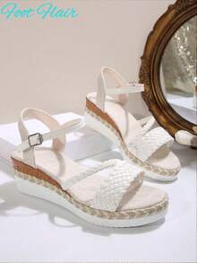 Foot Flair 女式加大码石纹编织可调节扣露趾坡跟一脚蹬波西米亚海滩度假休闲凉鞋,夏季新款配色弹力绳底罗马凉鞋 - 白色 - 查看 8