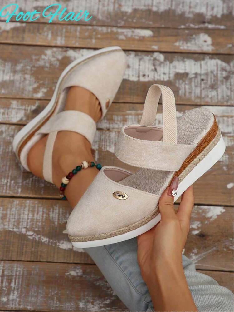 Foot Flair Women's Plus Size Pointed Toe Two-Tone Slip-On Mule With Rope Sole, Beige Color, Bohemian Beach Resort Style Sandals, Summer New Lightweight Wedge Heel Roman Sandals - Beige - View 1