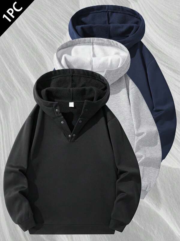 Men's Casual Solid Color Hooded Sweatshirt With Thickened Lining, Suitable For Wearing In Autumn And Winter, Outdoor Sports, Travel Out.,Fleece