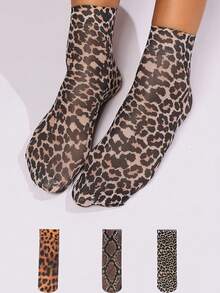 3 Pairs Leopard Print Short Socks, Thin Summer Socks, Elastic Comfortable Breathable - Multicolor - View 3