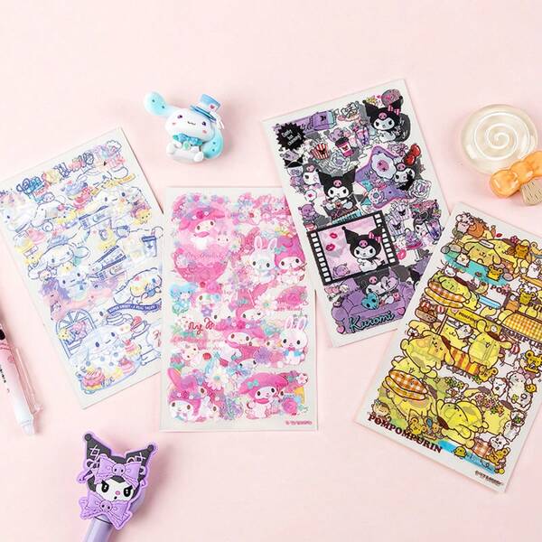 Sanrio 4 قطع/مجموعة ملصقات سانريو للفتيات، مواد دفتر، ملصقات تنكر أميرة DIY، ملصقات كوروميكريتيف، هدايا عيد الميلاد وعيد الهالوين
