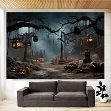 1pc 2D Flat Banner Halloween Photography Background Cloth - Terrifying Pumpkin Ghost Forest Scene, Suitable For Birthday Parties/Adult And Children's Activities (No Power Required), Scary Night Design, Bright Printing Quality, Festive Atmosphere, Photography Background, Portrait Studio