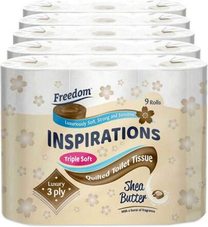 Freedom Inspirations Luxury 3Ply Toilet Roll - 45 Quilted Shea Butter Triple Soft And Scented Hygiene Bulk White Toilet Tissue And Loo Rolls