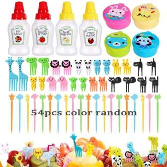 30/45/54/60pcs Lunch Box Set: Includes Mini Cartoon Fruit Forks, Cake & Dessert Fruit Skewers, Reusable Mini Toothpicks, Mini Condiment Squeeze Bottles, Mini Ketchup Bottles, Plastic Portable Squeeze,School Supplies