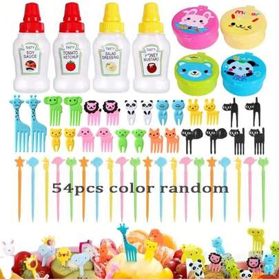 30/45/54/60pcs Lunch Box Set: Includes Mini Cartoon Fruit Forks, Cake & Dessert Fruit Skewers, Reusable Mini Toothpicks, Mini Condiment Squeeze Bottles, Mini Ketchup Bottles, Plastic Portable Squeeze,School Supplies