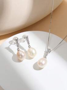 AETOLIA 1 Set 925 Sterling Silver Elegant Natural Pearl Necklace And Earrings Set, Inlaid With Shiny Cubic Zirconia, Fashion Jewelry Suitable For Women To Wear On Dates, Weddings, Engagements, Anniversaries, Valentine's Day And Other Occasions