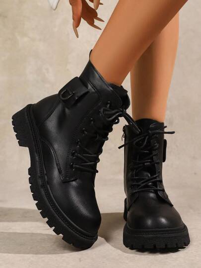Damen Große Größen Punk Schnürstiefel in Schwarz, britischer Stil mit rundem Zehenbereich und dicker Sohle, Knöchelstiefel vielseitig für Frühling & Herbst