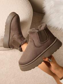 Women's Faux Fur Camel 5cm Thick Sole Ankle Boots, Tight-Fitting Knit Cuff Wool Lining Fur One-Piece Snow Boots, New Autumn/Winter Rear Pull Strap Fluffy Thickened Plush Fur Lining Anti-Cold Slippers, Fashionable Simple Warm Winter Shoes Men Indoor Slippers - Khaki - View 4