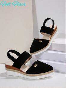 Foot Flair 女式加大码尖头拼色露背帆布凉鞋，黑色波西米亚海滩度假风格，全新轻质厚底坡跟凉鞋 - 黑色 - 查看 7