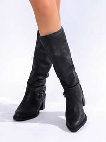 Neue Stiefel aus PU-Leder mit Nieten-Metallschnalle, schwarze plissierte Kniehohe Reitstiefel, modisch und bequem für jeden Anlass