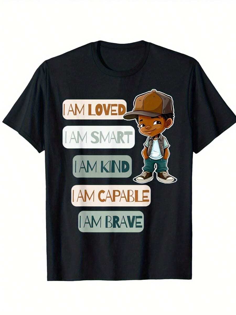 Boys' Inspirational Tee - 'I AM LOVED/SMART/KIND/CAPABLE/BRAVE' Positive Affirmations Print | Urban Street Style And Personalized Summer Must-Have T-Shirt For Big Boys - màu đen - Xem 1