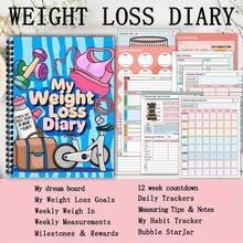 104页A5减肥日记，包含健身器材设计、每日和每周饮食追踪、循序渐进的饮食计划、激励目标追踪器，用于实现目标体重，以及自律指南 - 彩色 - 查看 5