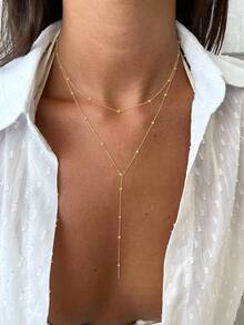 1pc Foxgirl Women's Lasso Gold Necklace, Exquisite Long Necklace 14k Gold-Plated/Silver Y-Shaped Pendant Necklace Fashionable Layered Cubic Zirconia Bead Necklace Pendant Necklace Simple Gold Jewelry Women's Gift - 金色 - 查看 4