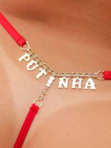 Lace Thong Panties With The Word P.U.T.I.N.H.A Rhinestone Lingerie Underwear - 紫色 - 查看 2