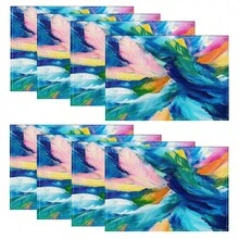 1/4/6/8/12 Pcs Linen Dining Table Placemats, Colorful Feather Oil Painting 3D Print Washable Table Mats, Surface Protective Pads, Indoor Outdoor Dining Table Mats, Suitable For Holiday Parties, Kitchen