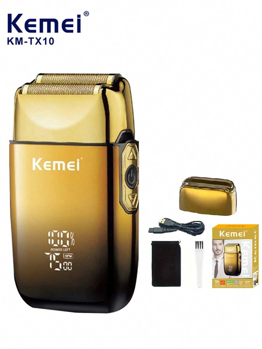 Kemei Afeitadora de viaje KM-TX10 edición dorada inalámbrica recargable para hombres, ideal para viajes, recorte de cabello y barba, compacta y portátil