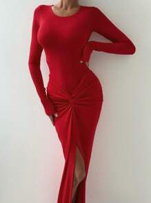 Women 2Pcs Elegant Red Fitted High Stretch Long Sleeve Bodysuit With Ruffle Elastic Waist Long Skirt, Fall Women Clothes, Halloween Clothes, Suit For Christmas