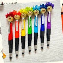 Pix cu bilă personalizat cu mop, pix decorativ cu cap de mop distractiv cu păr pufos pentru scris și clic, pix portabil drăguț cu desene animate multifuncțional cu semnătură, cu buton cu cap de păpușă de pluș, față zâmbitoare, pix tactil cadou, pix de scris, sezonul înapoi la școală