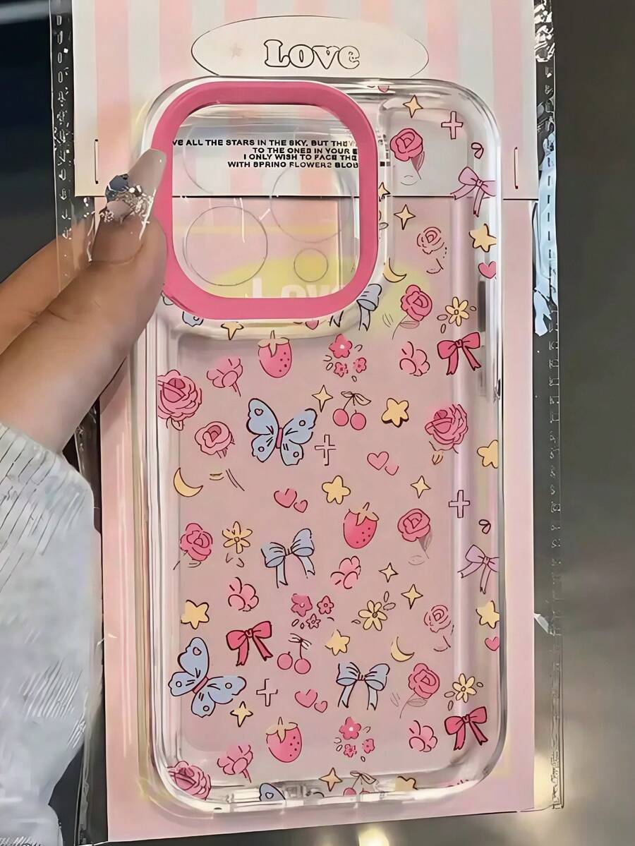 粉色花卉图案时尚手机壳 1 件装,优雅粉色蝴蝶结、蝴蝶、玫瑰花卉图案设计手机壳,兼容 15/15 Pro Max/13/11/12/14/Mini 和 S21/S22/S23/S24/S25 Plus/Ultra,防水防震防摔防刮,春季派对礼物 - 無色 - 查看 1