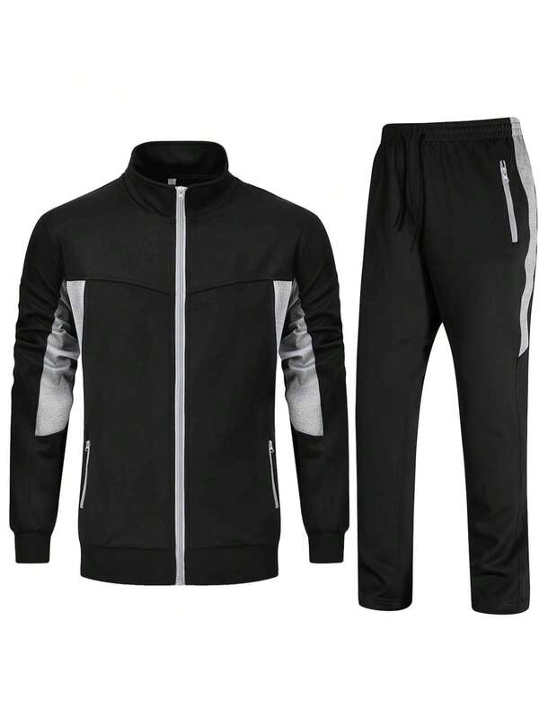 Men's Autumn Contrast Color Stand Collar Zip-Up Jacket And Drawstring Waist Long Pants Sports Suit