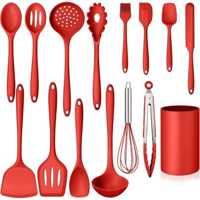 ‌15-Piece Silicone Kitchen Utensil Set With Holder - Nonstick Cookware Safe Tools For Baking/Stir-Frying - Heat Resistant Spatula/Ladle/Turner - Dishwasher Safe Cooking Accessories - Black Kitchen Gadgets Set