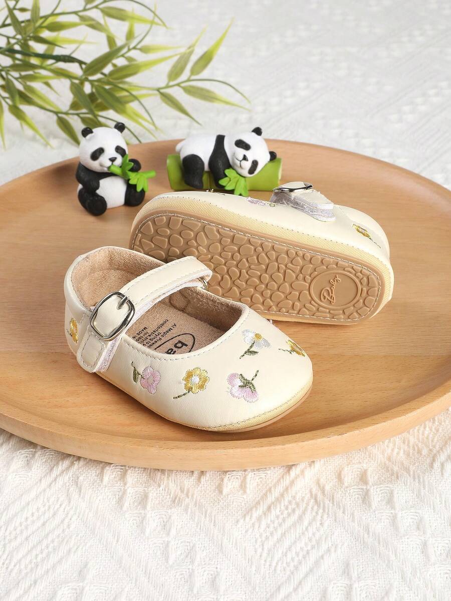 1雙女童印花刺繡魔鬼氈設計嬰幼兒平底公主鞋，春夏秋季適用