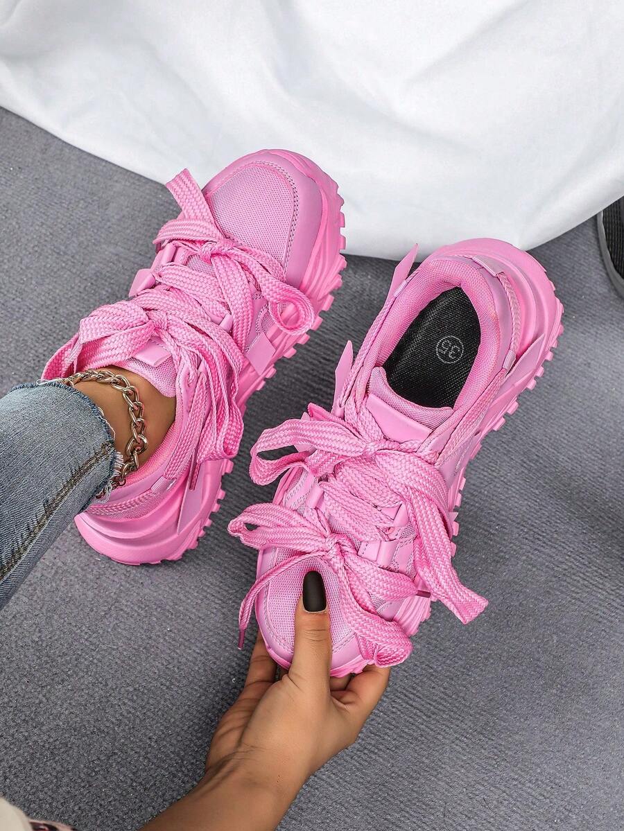 Comfortable And Simple Fashion Outdoor Casual Shoes, City Series, With Lace Design, Commuting, Fitness, Travel, Chunky Shoes Style, Round Toe, Low-Cut, Color Block, Versatile, Gift For Festivals, Women's Sports Shoes Design. Versatile And Suitable As A Holiday Gift. Women's Athletic Shoes - 粉紅色 - 查看 1