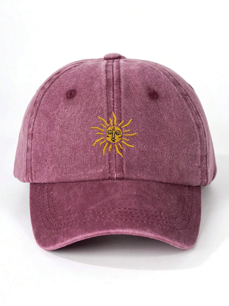 1顶绣花太阳图案四季户外棒球帽,复古水洗透气可调节卡车帽,女士夏季时尚弯檐高尔夫遮阳帽,Y2K情侣款男士遮阳帽,适合海滩、度假、旅行 - 酒紅色 - 查看 1