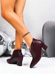 女士酒红色踝靴，V型开口时尚粗跟休闲靴，动物纹皮革鞋面，适合秋季、冬季穿着，舒适踝靴 - 酒紅色 - 查看 2