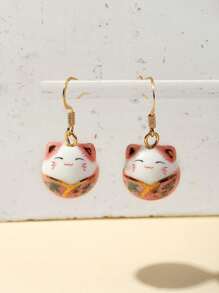 1 对可爱陶瓷招财猫耳环，手工制作的幸运耳环适合女性日常佩戴和节日礼物