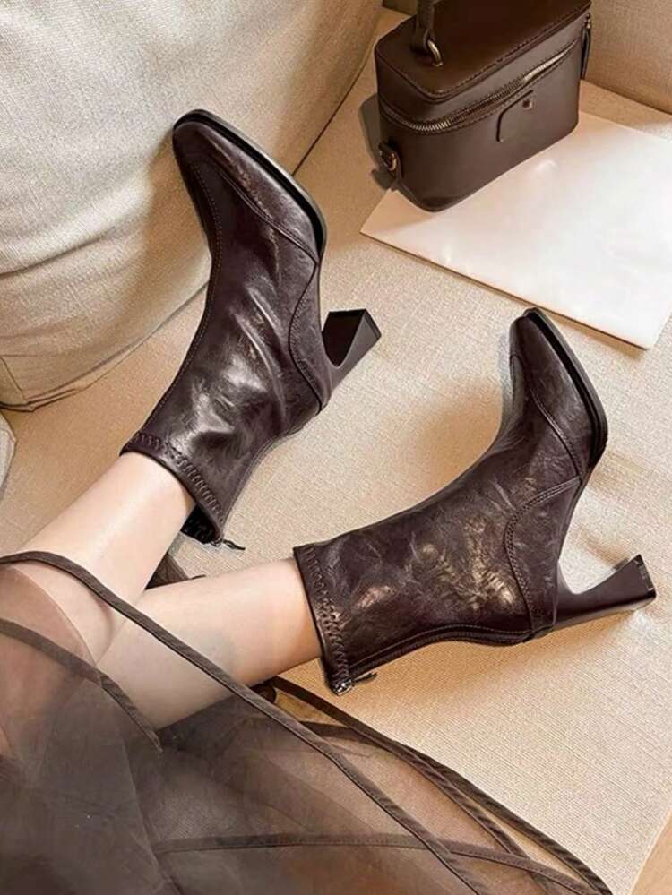 Fall/Winter 2025 French Slim Fit Ankle Boots, High Heel Short Boots For Women, Slimming, Leg Flattering, Fashion Boots, New Arrivals, Plus Size - Brown - View 5