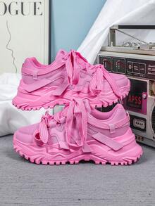 Comfortable And Simple Fashion Outdoor Casual Shoes, City Series, With Lace Design, Commuting, Fitness, Travel, Chunky Shoes Style, Round Toe, Low-Cut, Color Block, Versatile, Gift For Festivals, Women's Sports Shoes Design. Versatile And Suitable As A Holiday Gift. Women's Athletic Shoes - 粉紅色 - 查看 3