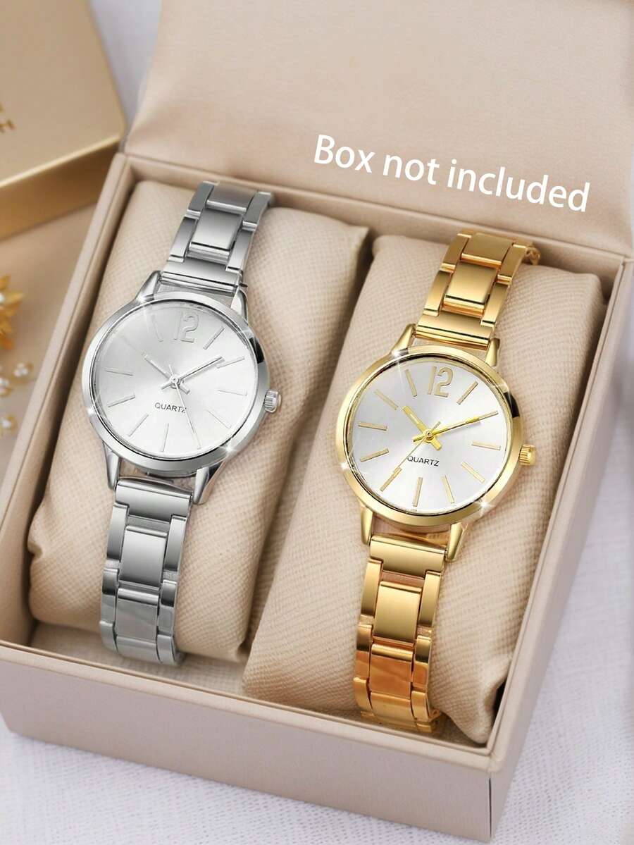 女士钢表带时尚钻石三眼数字表盘石英表组合套装（2 件/套） - 彩色 - 查看 1