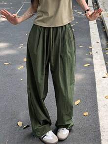 2025 春夏休闲百搭宽松飘逸半透明纯色沙滩裤 - 軍綠色 - 查看 4