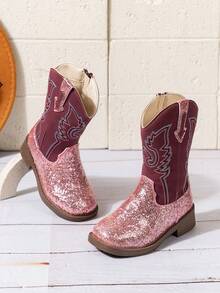 1 Pair Children's Purple Sequin High-Top Square Toe PU Boots, Suitable For Outdoor Sports - Purple - View 2