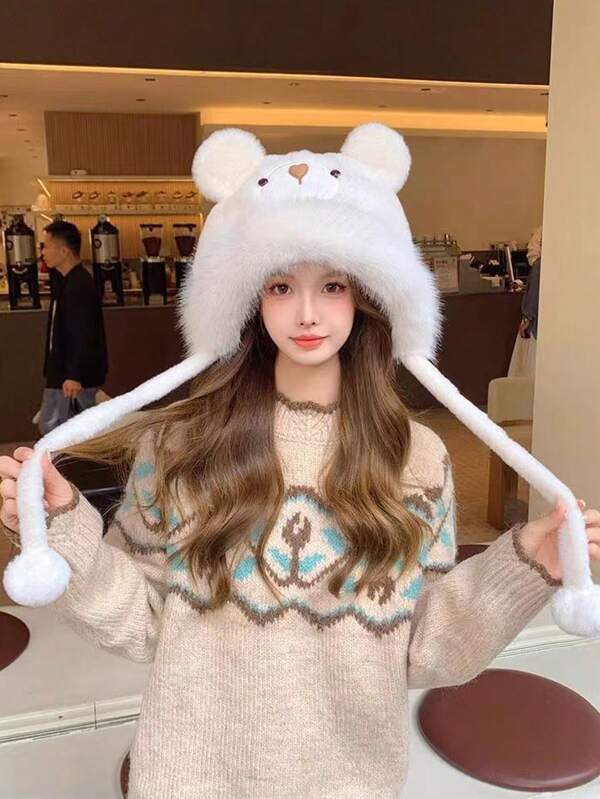 1 Fluffy Bear Hat For Women, Cute And Face-Slimming For Autumn And Winter, Windproof, Warm, With Earmuffs, Versatile Pullover Hat