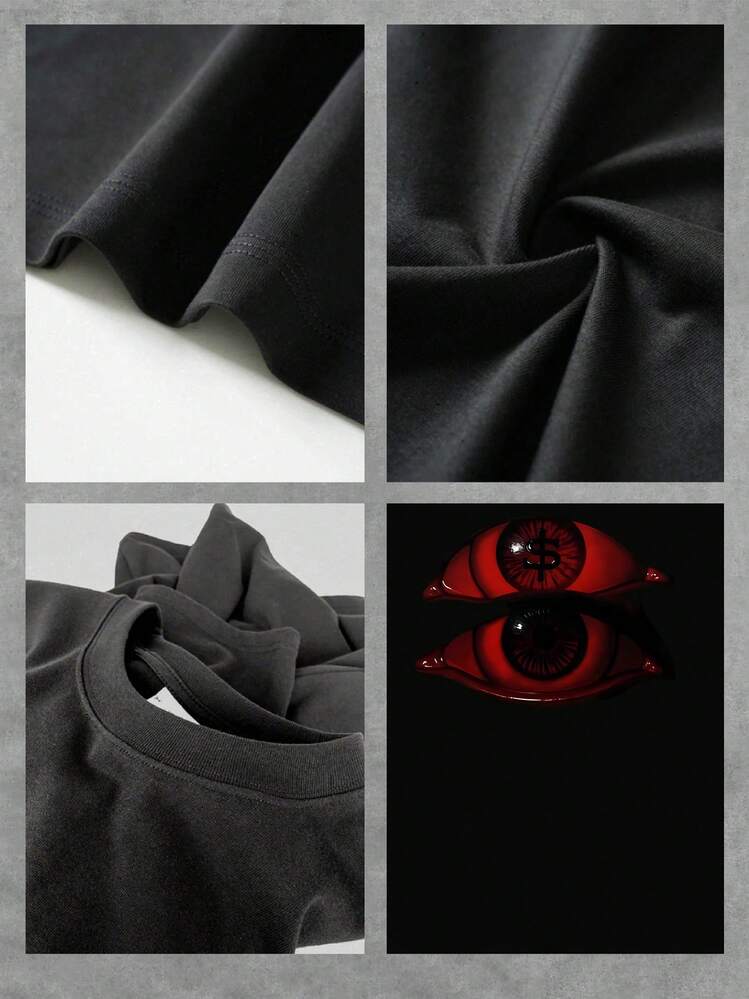 Graphic Tee Casual T Shirt Double Printed Red Eyes Dollar Sign 100% Cotton - 黑色 - 查看 4