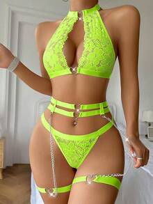 Halter Heart Ring Cutout Chain Floral Lace Sheer Garter Belt Lingerie Set 3 Piece - 霓虹綠 - 查看 3