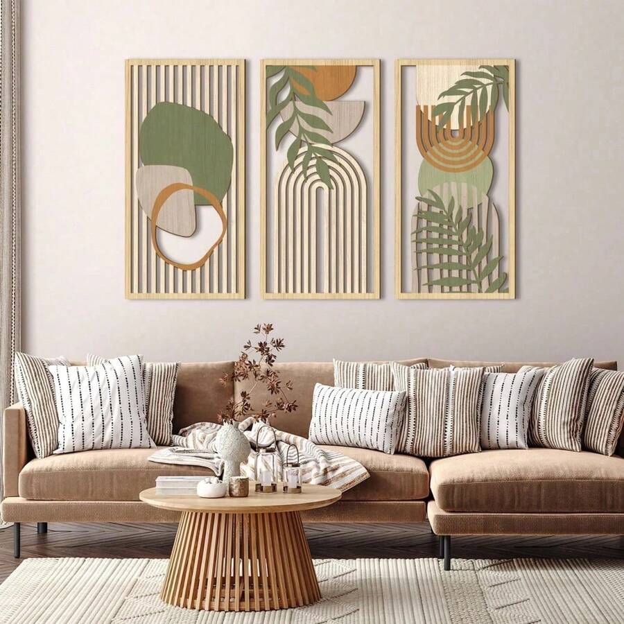 Bohemian Modern Wooden Wall Decal Decor, 16 X 32 Inches, Autumn Home Abstract Wall Art, Suitable For Bedroom, Living Room, Office, Kitchen, Apartment, 3 Pieces Set. - 1set - View 1